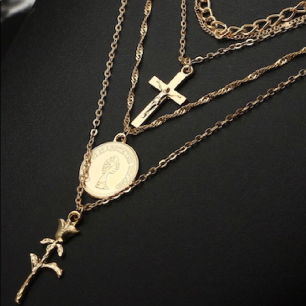 Cross & Rose Pendant Layered Necklace
